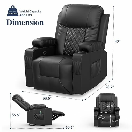 Black recliner chair with dimensions and weight capacity.