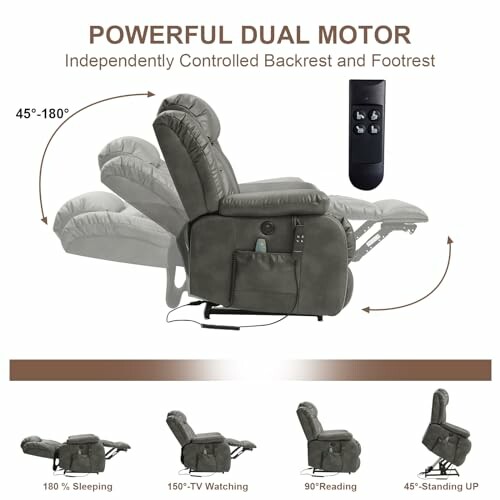 Dual motor recliner chair with adjustable backrest and footrest positions.