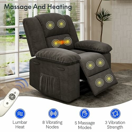 Recliner chair with massage and heating features, showing remote control and highlighted massage points.