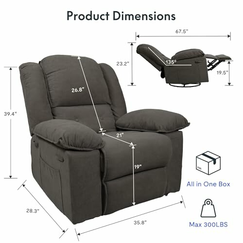 Recliner chair dimensions and features with max weight 300 lbs.