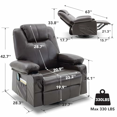 Black recliner chair with detailed dimensions and weight limit