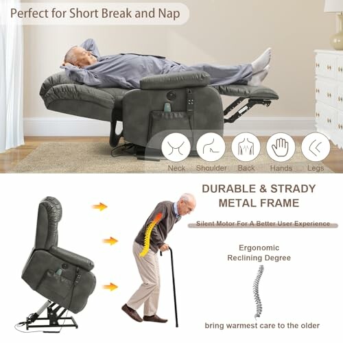 Elderly person using a recliner chair for relaxation and standing assistance.