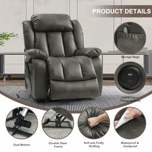 Recliner chair with features including storage bags, USB ports, dual motors, durable frame, soft stuffing, waterproof material.