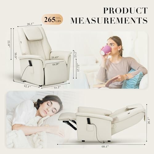 Recliner chair with product measurements and person sitting and lying on it.