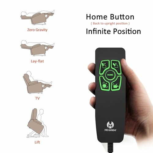 Recliner chair remote control with various positions and home button.