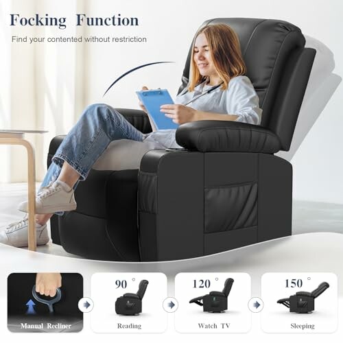 Woman relaxing in a black recliner chair with adjustable positions for reading, watching TV, and sleeping.