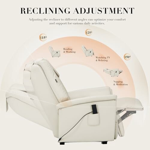 Diagram showing reclining chair adjustments at angles 115, 125, and 150 degrees for comfort activities.