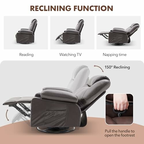 Reclining chair showing reading, TV watching, and napping positions