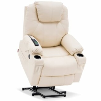 Beige recliner chair with cup holders and remote control.