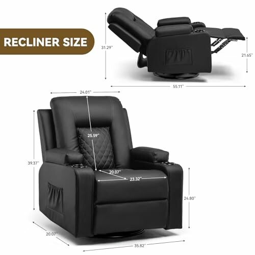 Black recliner chair with dimensions labeled.