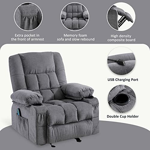 Gray recliner chair with USB port, cup holders, and armrest pocket.