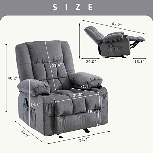 Grey recliner chair with dimensions labeled.