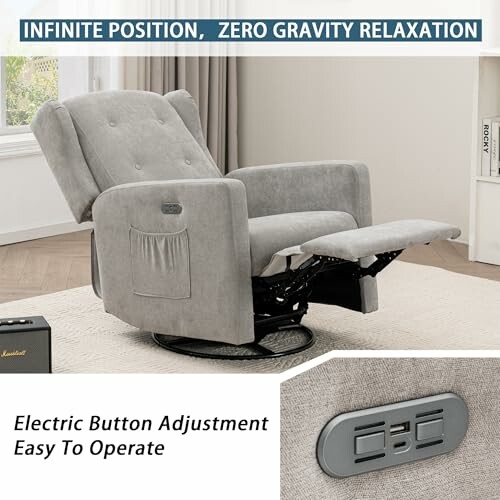 Gray recliner chair with electric adjustment buttons