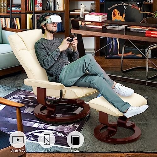 Man in VR headset playing video games on a recliner.