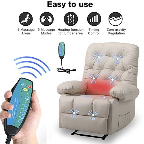 Massage chair with remote control and features listed.