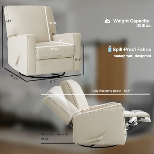 Recliner chair with dimensions and features including weight capacity and spill-proof fabric.