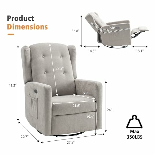 Gray recliner chair with product dimensions and weight limit.