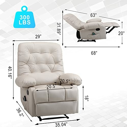 Recliner chair with dimensions and weight capacity.