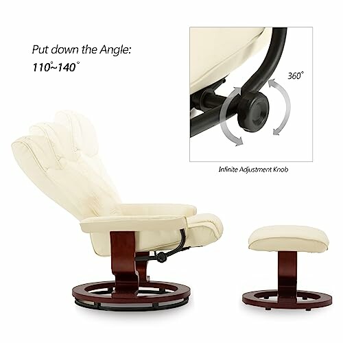 Recliner chair with ottoman, adjustable angle and swivel base.