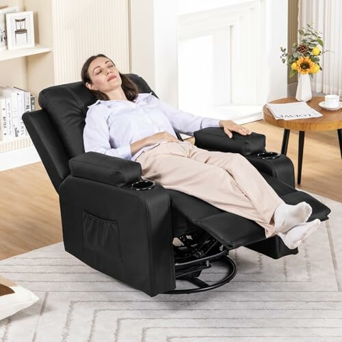 Woman relaxing on a black recliner chair in a cozy room.